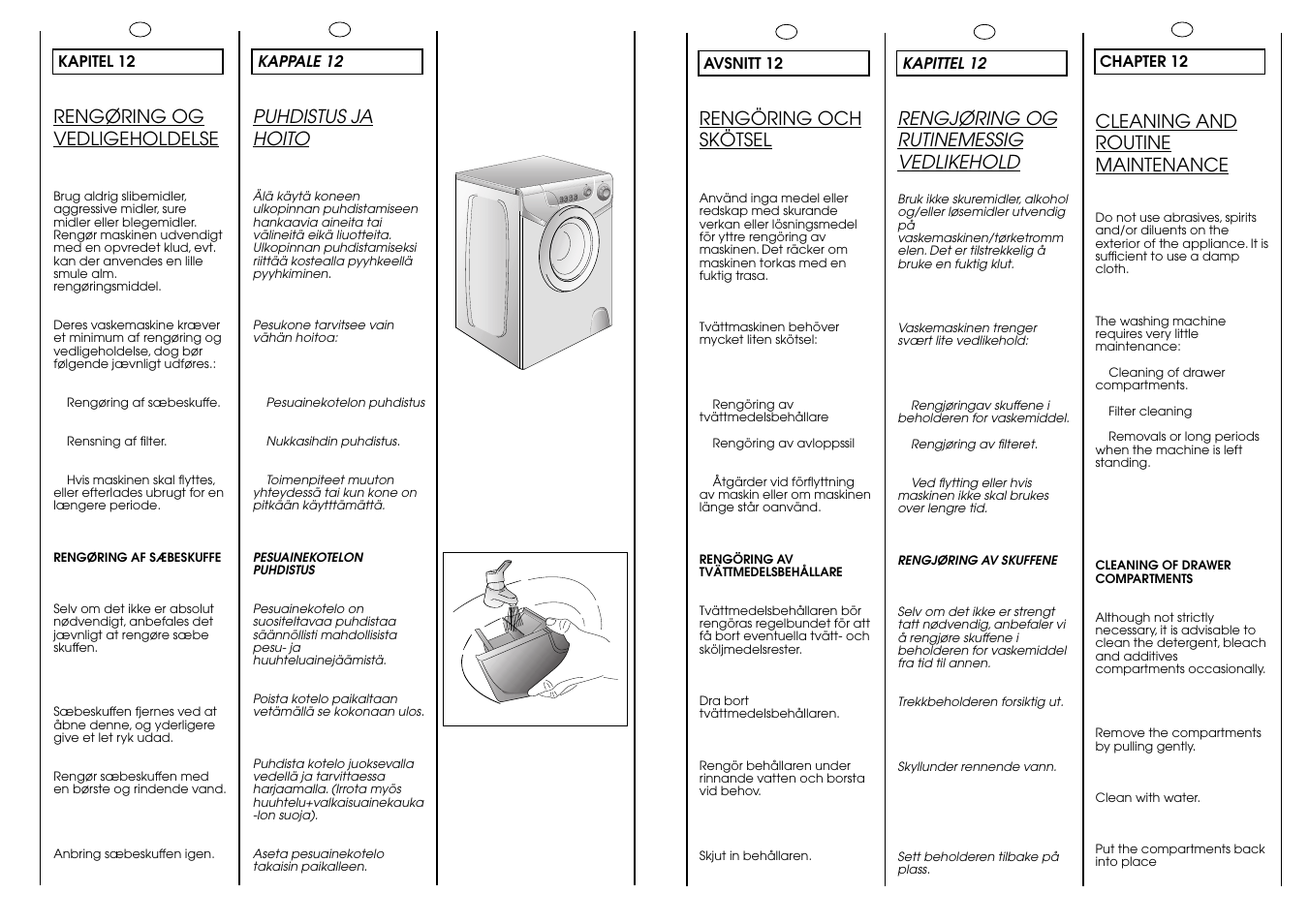 Rengøring og vedligeholdelse, Rengöring och skötsel, Rengjøring og rutinemessig vedlikehold | Puhdistus ja hoito, Cleaning and routine maintenance | Candy LBAQ1000TMET User Manual | Page 28 / 33