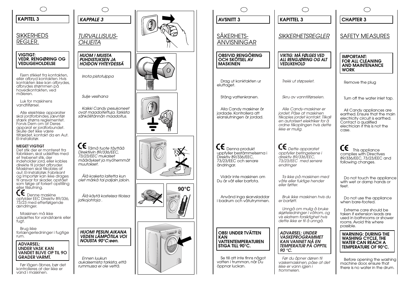 Sikkerheds regler, Säkerhets- anvisningar, Sikkerhetsregler | Turvallisuus- ohjeita, Safety measures | Candy LBAQ1000TMET User Manual | Page 6 / 33