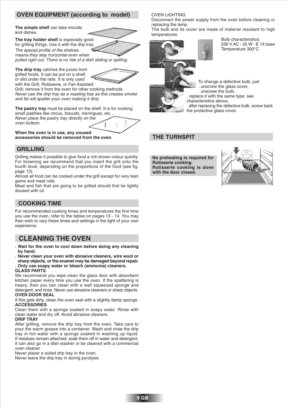Cleaning the oven, Oven equipment (according to model), Grilling | Cooking time, The turnspit | Candy 2D 964 X User Manual | Page 10 / 37