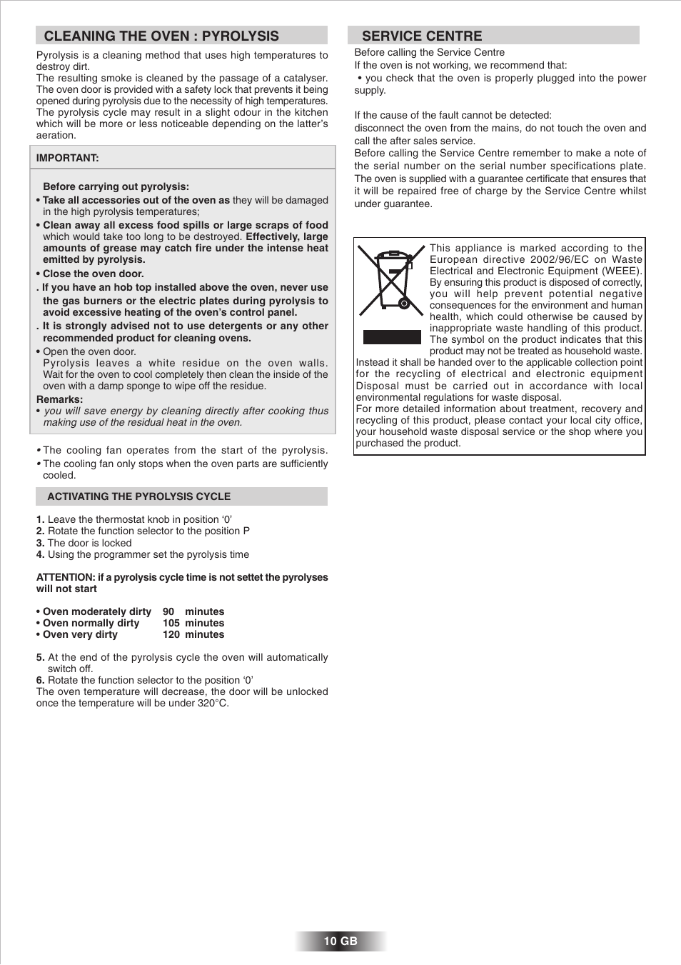 Cleaning the oven : pyrolysis, Service centre | Candy 2D 964 X User Manual | Page 11 / 37