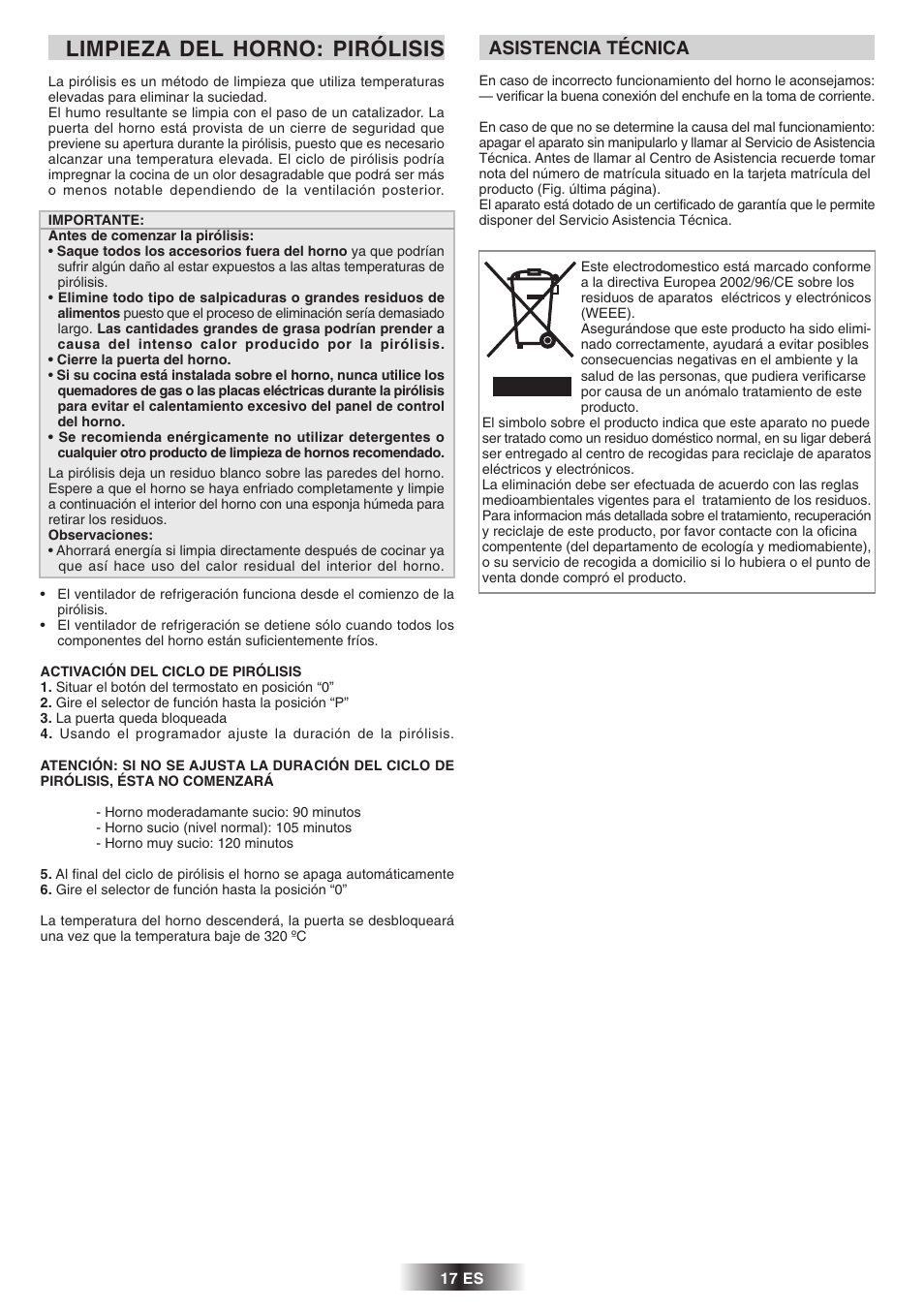 Limpieza del horno: pirólisis, Asistencia técnica | Candy 2D 964 X User Manual | Page 18 / 37