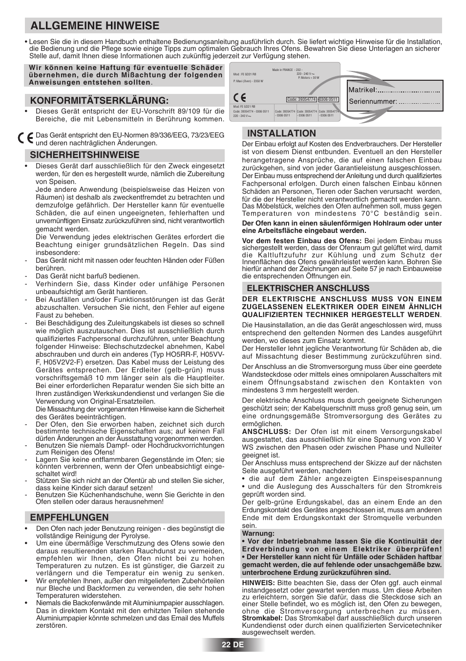 Allgemeine hinweise, Konformitätserklärung, Sicherheitshinweise | Empfehlungen, Installation, Elektrischer anschluss | Candy 2D 964 X User Manual | Page 23 / 37