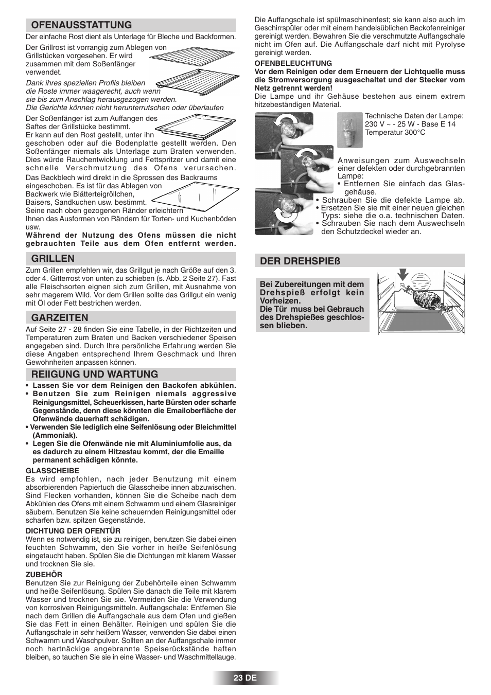 Ofenausstattung, Grillen, Garzeiten | Reiigung und wartung, Der drehspieß | Candy 2D 964 X User Manual | Page 24 / 37