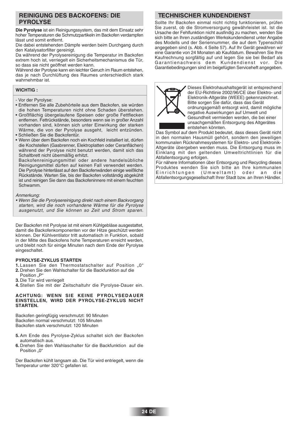 Reinigung des backofens: die pyrolyse, Technischer kundendienst | Candy 2D 964 X User Manual | Page 25 / 37