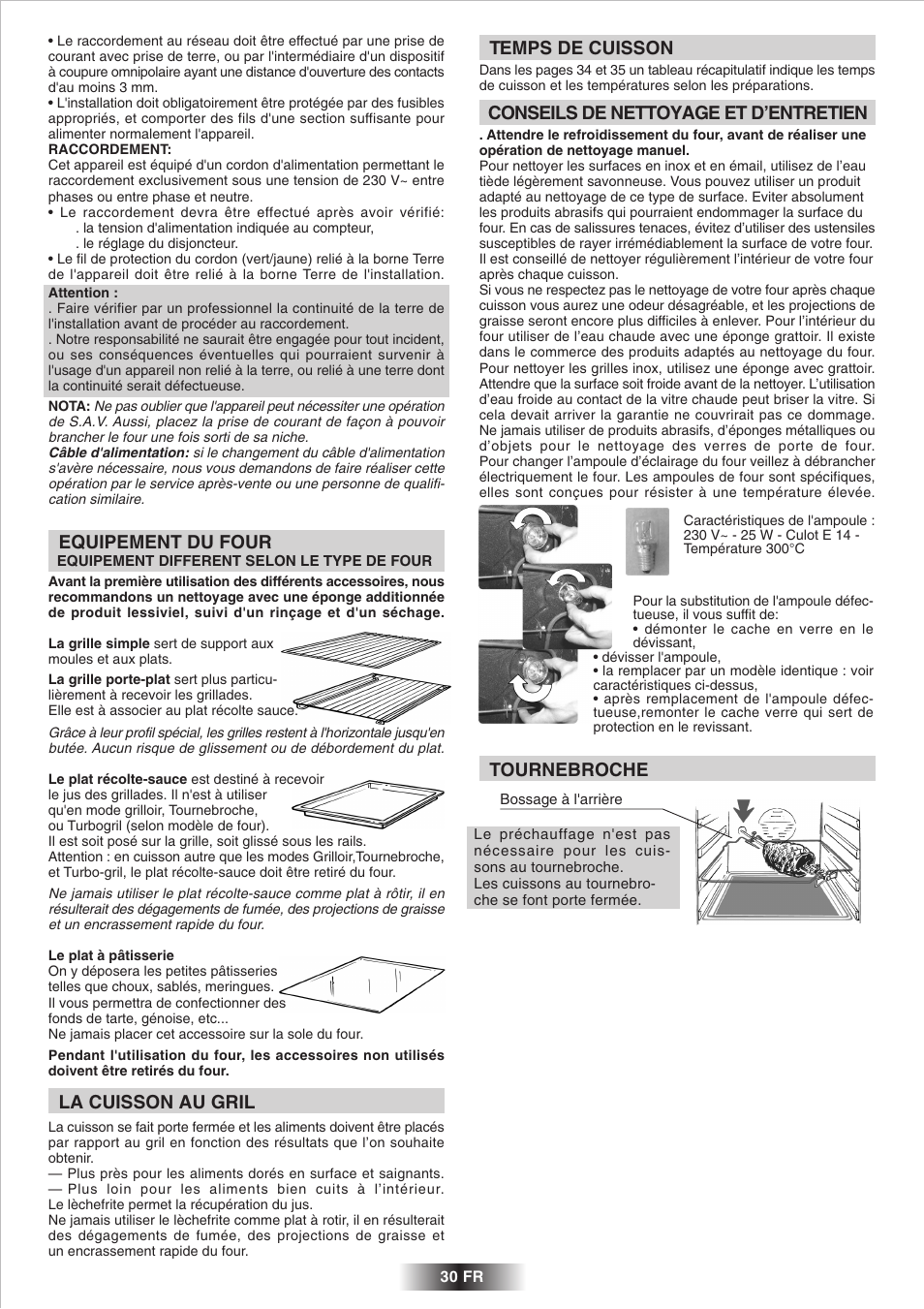 Temps de cuisson, Conseils de nettoyage et d’entretien, Equipement du four | La cuisson au gril, Tournebroche | Candy 2D 964 X User Manual | Page 31 / 37