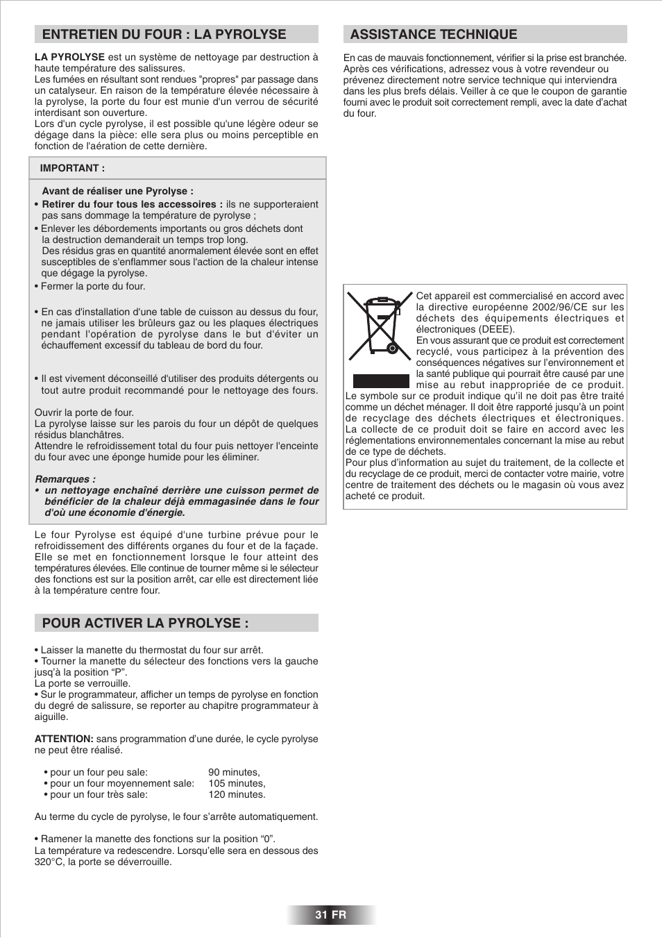 Assistance technique, Entretien du four : la pyrolyse, Pour activer la pyrolyse | Candy 2D 964 X User Manual | Page 32 / 37