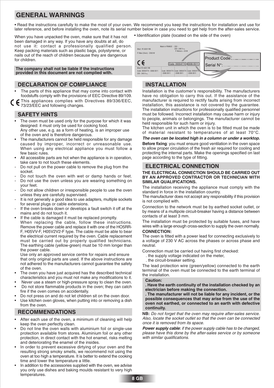 General warnings, Declaration of compliance, Safety hints | Recommendations, Installation, Electrical connection | Candy 2D 964 X User Manual | Page 9 / 37