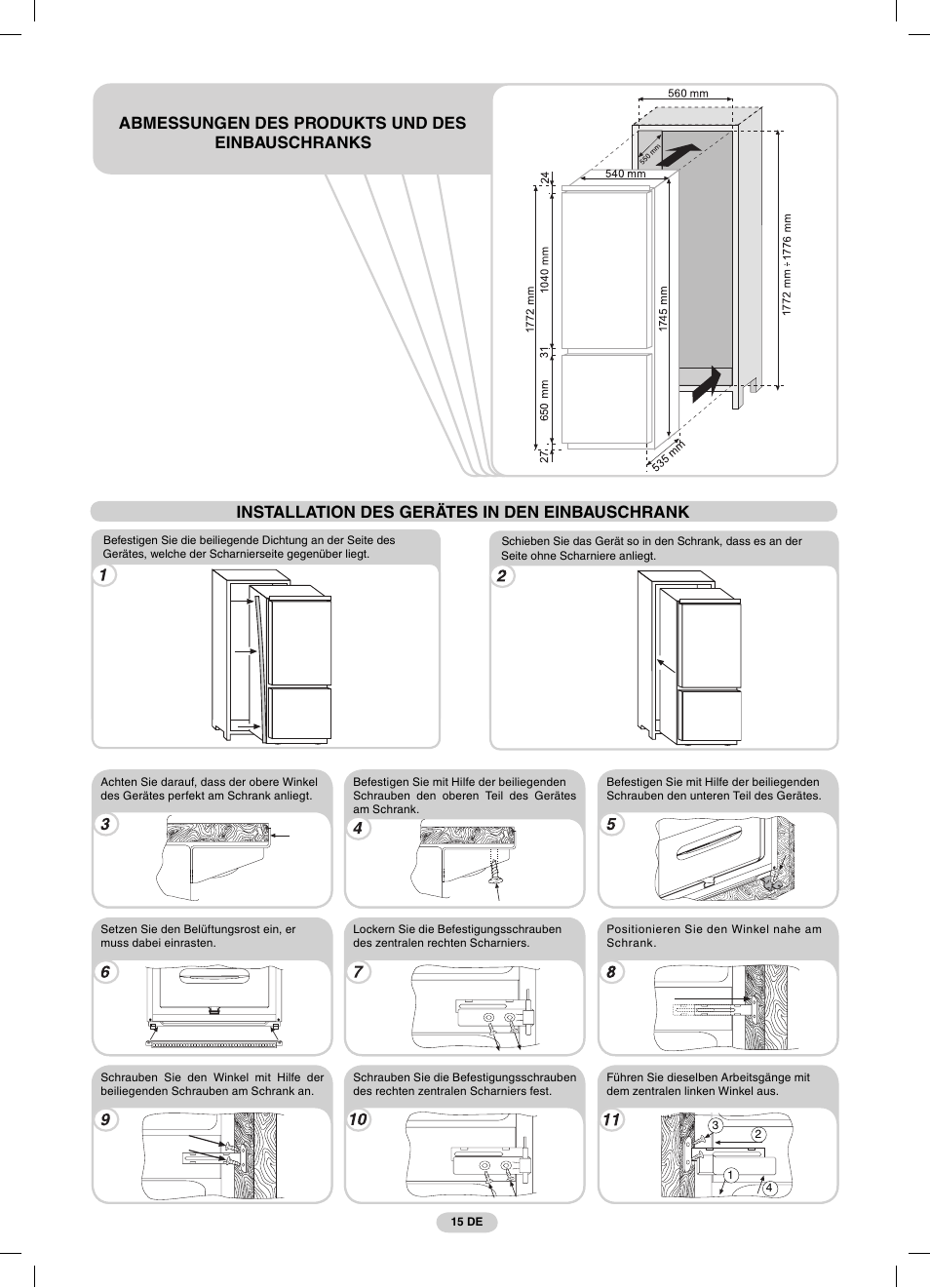Installation des gerätes in den einbauschrank, Abmessungen des produkts und des einbauschranks | Candy CFBC 3290 A User Manual | Page 17 / 60