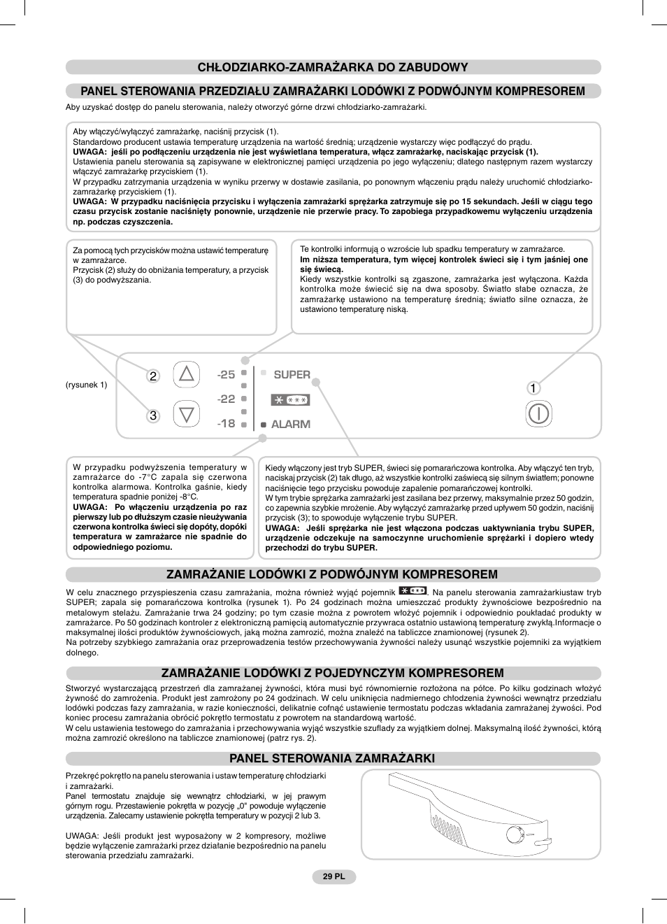 23 1 zamrażanie lodówki z podwójnym kompresorem, Panel sterowania zamrażarki | Candy CFBC 3290 A User Manual | Page 31 / 60