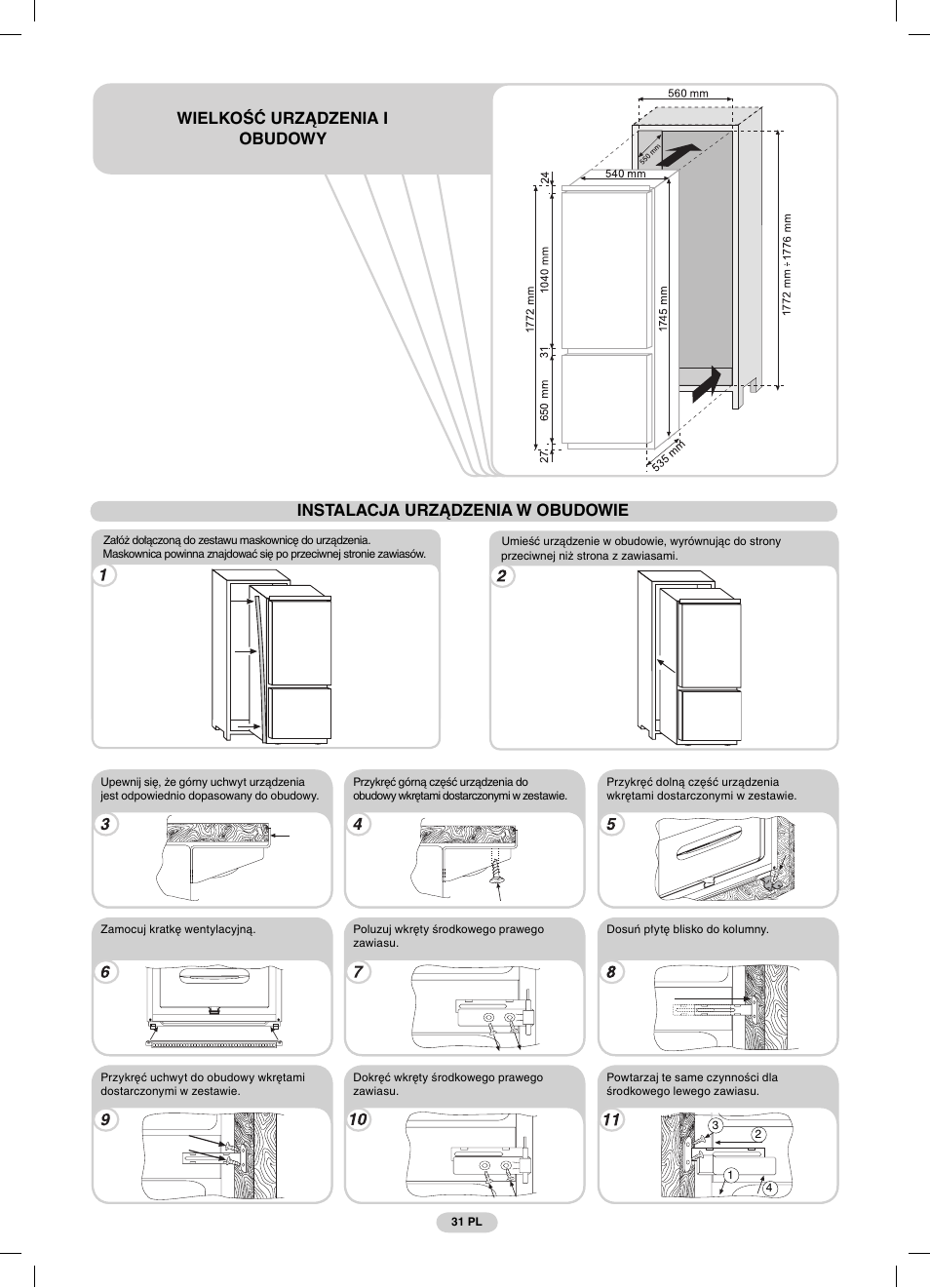 Instalacja urządzenia w obudowie, Wielkość urządzenia i obudowy | Candy CFBC 3290 A User Manual | Page 33 / 60