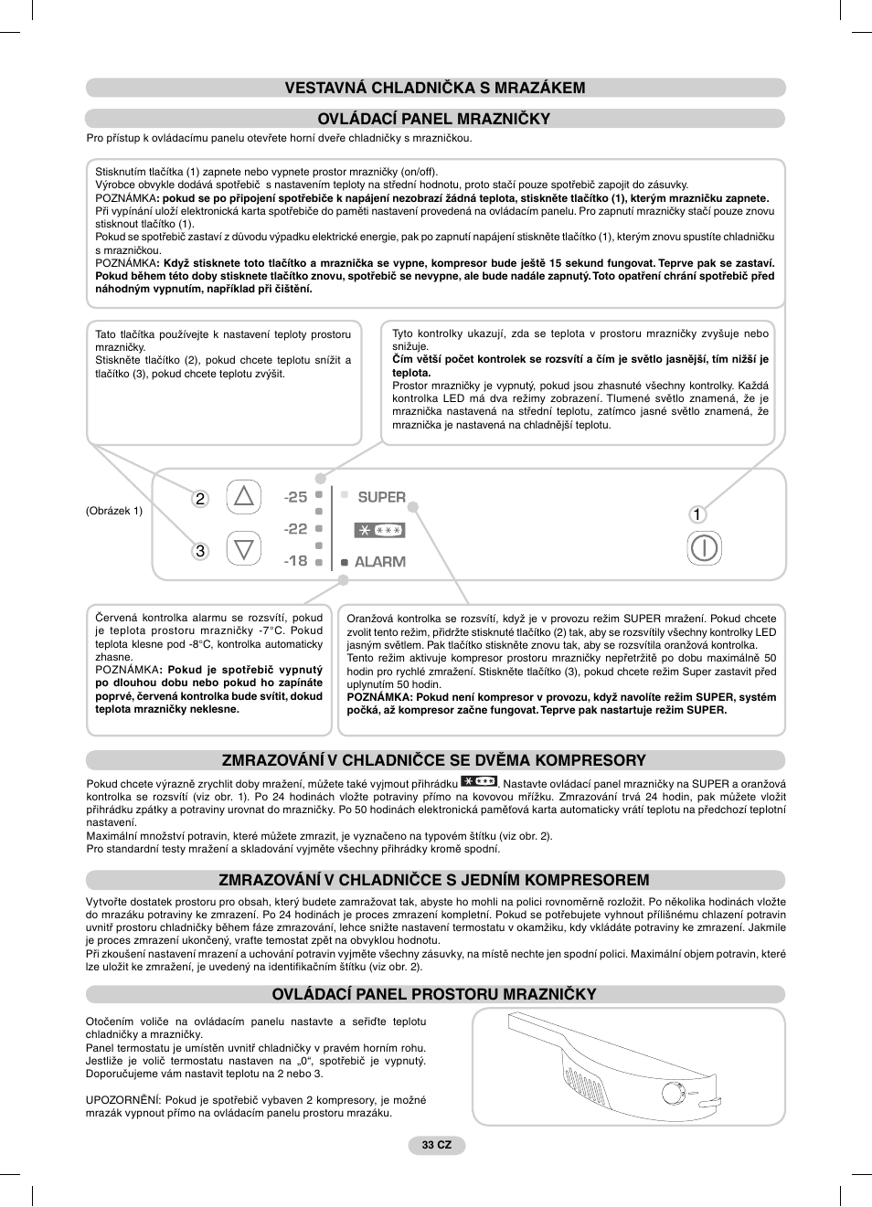 Ovládací panel mrazničky, 23 1 zmrazování v chladničce se dvěma kompresory, Ovládací panel prostoru mrazničky | Candy CFBC 3290 A User Manual | Page 35 / 60