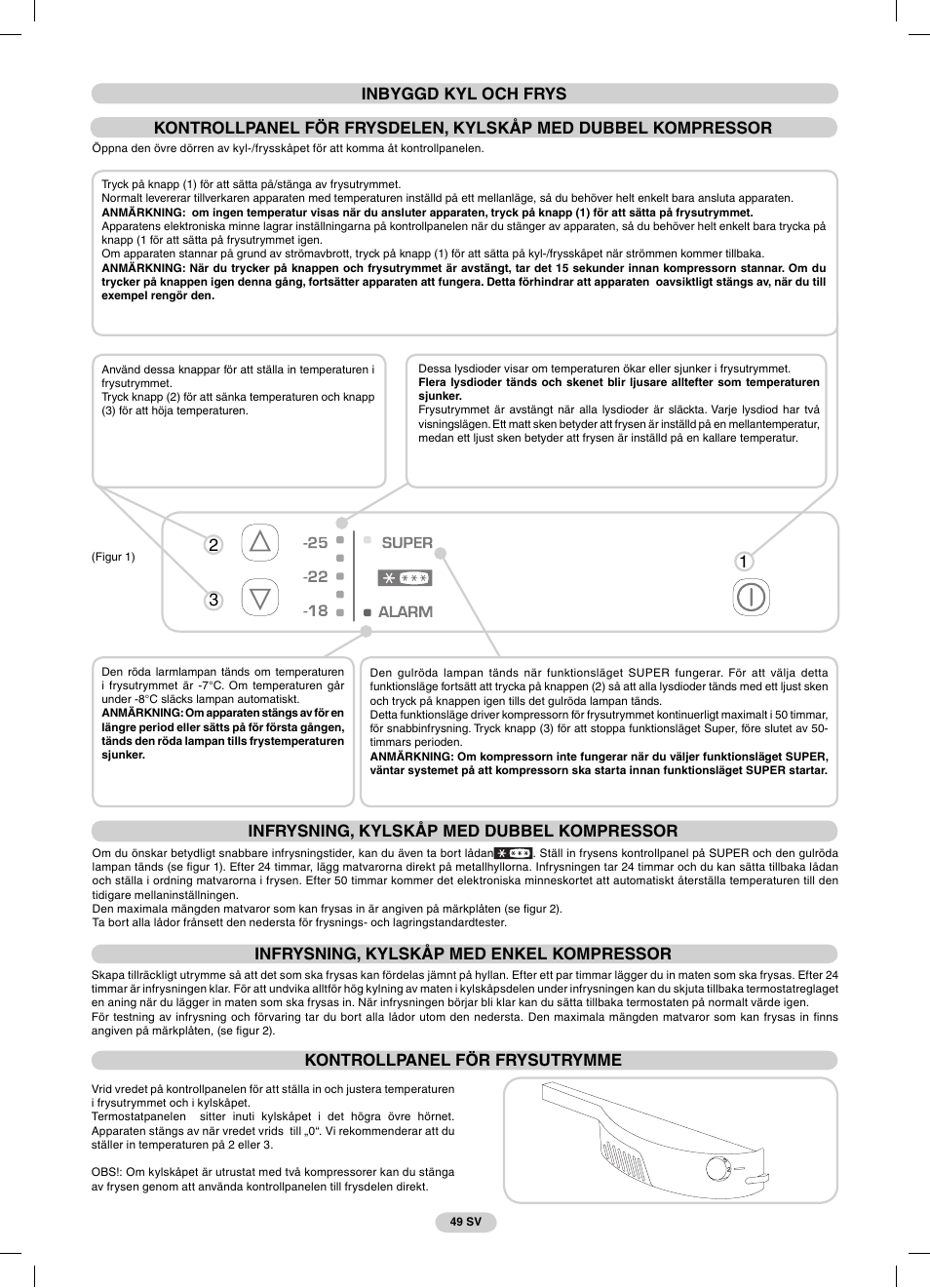 23 1 infrysning, kylskåp med dubbel kompressor, Kontrollpanel för frysutrymme | Candy CFBC 3290 A User Manual | Page 51 / 60