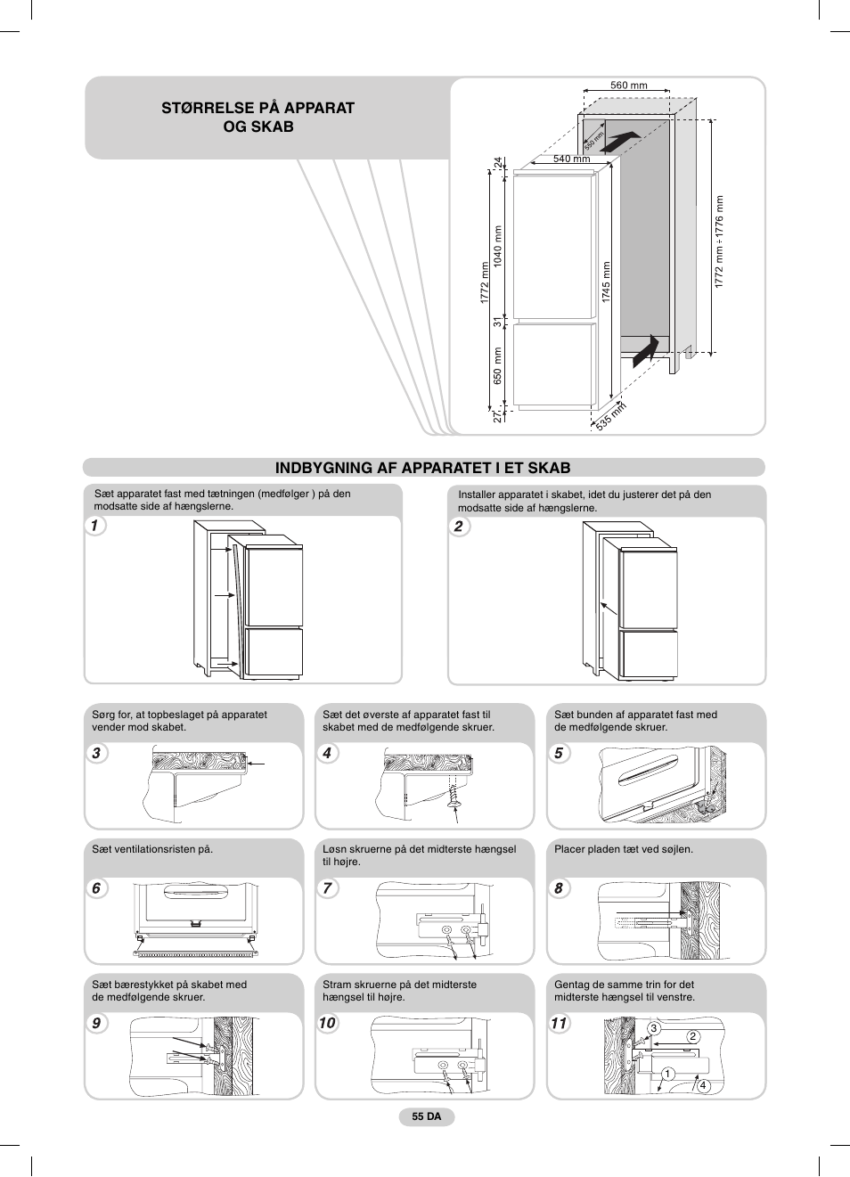 Indbygning af apparatet i et skab, Størrelse på apparat og skab | Candy CFBC 3290 A User Manual | Page 57 / 60