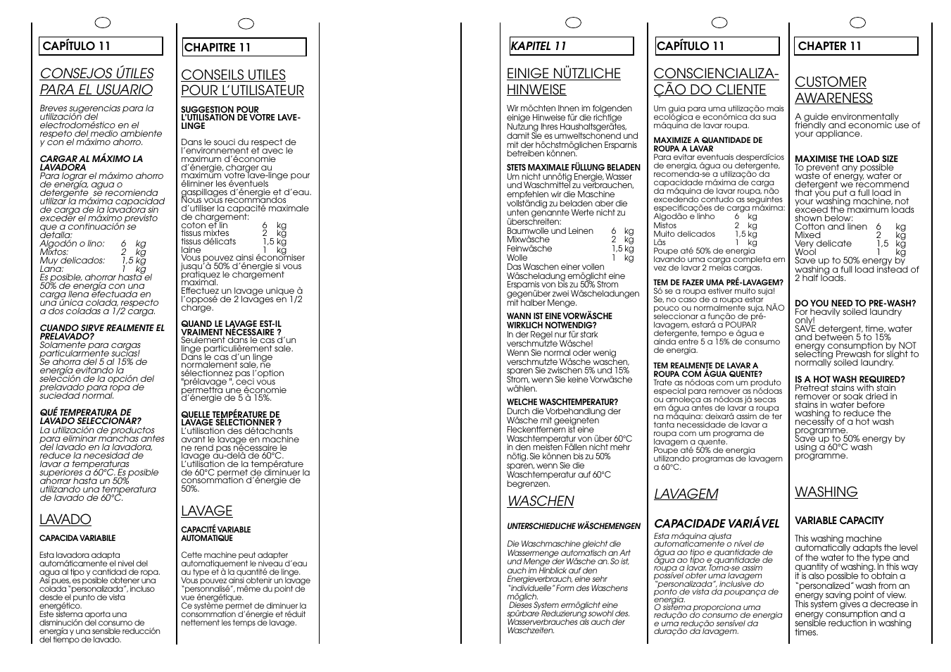 Customer awareness, Washing, Einige nützliche hinweise | Waschen, Consejos útiles para el usuario, Lavado, Consciencializa- ção do cliente, Lavagem, Conseils utiles pour l’utilisateur, Lavage | Candy ACTIVA SMART 86 ES User Manual | Page 29 / 37
