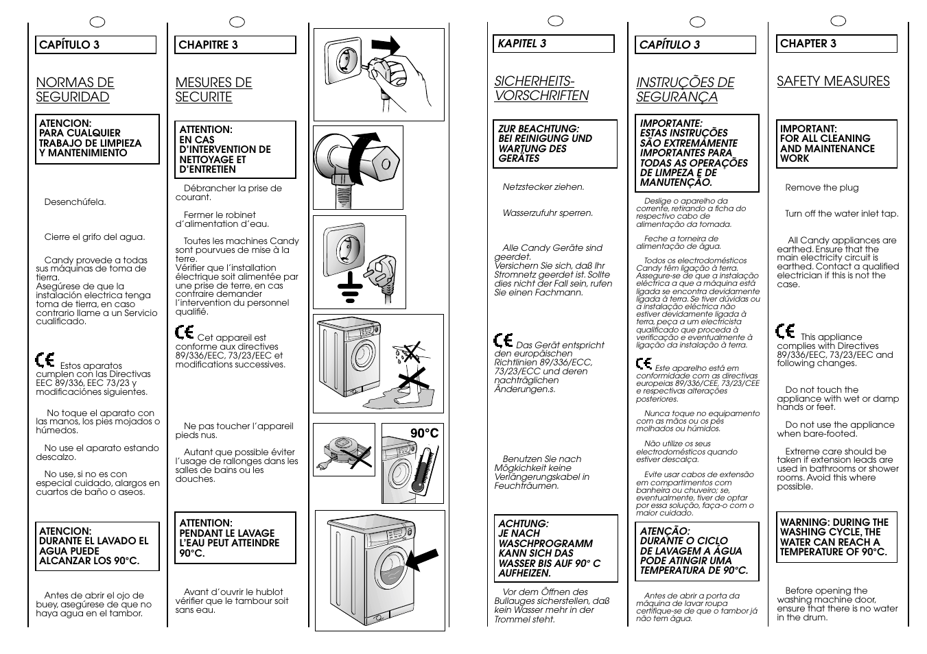 Safety measures, Sicherheits- vorschriften, Normas de seguridad | Instruções de segurança, Mesures de securite | Candy ACTIVA SMART 86 ES User Manual | Page 6 / 37