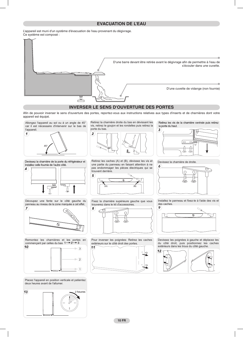 Evacuation de l'eau, Inverser le sens d'ouverture des portes | Candy CDMI 3755 E User Manual | Page 10 / 44