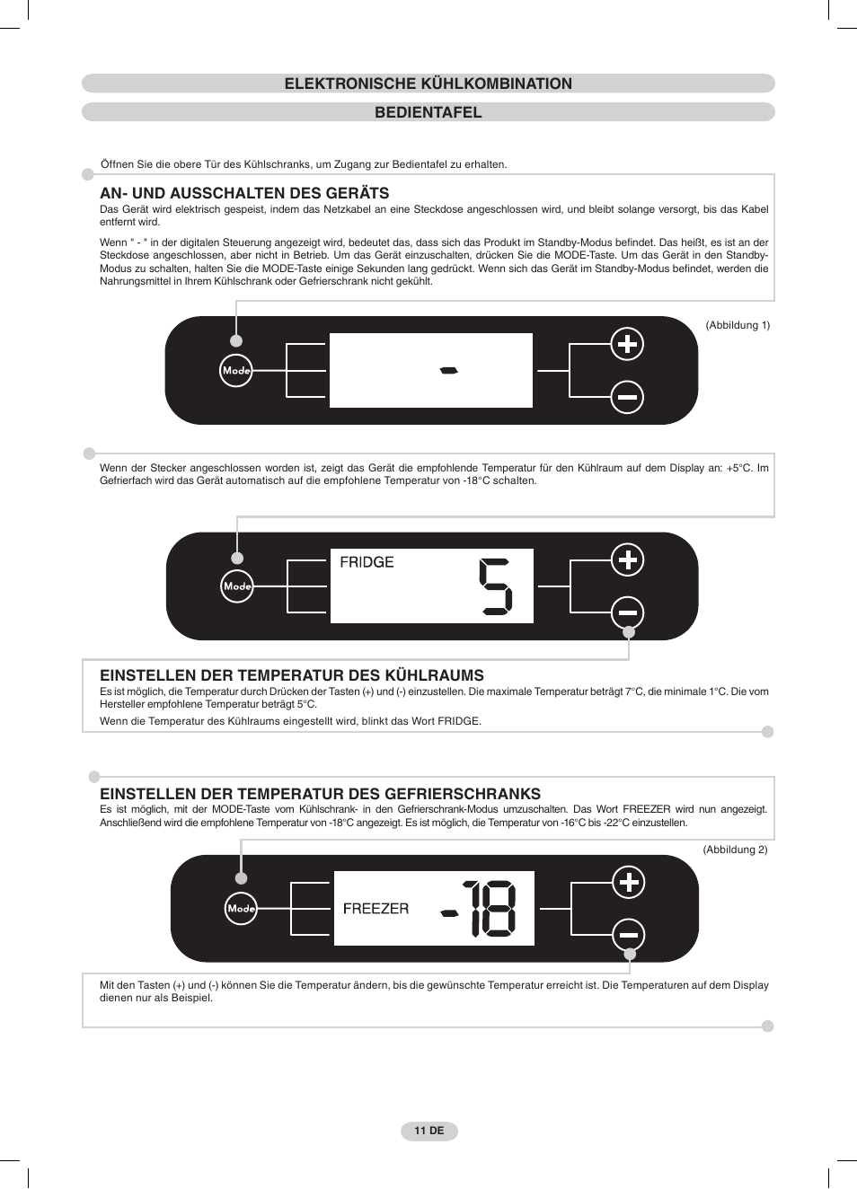 Elektronische kühlkombination bedientafel, An- und ausschalten des geräts, Einstellen der temperatur des kühlraums | Einstellen der temperatur des gefrierschranks | Candy CDMI 3755 E User Manual | Page 11 / 44