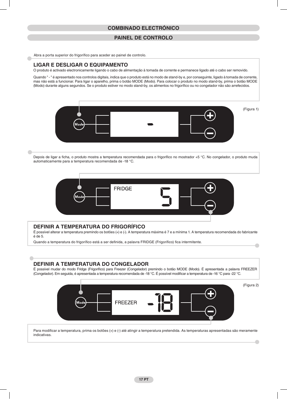 Combinado electrónico painel de controlo, Ligar e desligar o equipamento, Definir a temperatura do frigorífico | Definir a temperatura do congelador | Candy CDMI 3755 E User Manual | Page 17 / 44