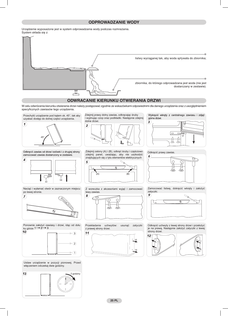 Odprowadzanie wody, Odwracanie kierunku otwierania drzwi | Candy CDMI 3755 E User Manual | Page 25 / 44