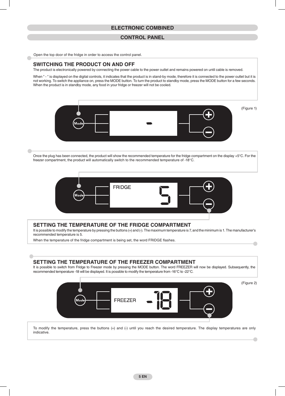 Electronic combined control panel, Switching the product on and off, Setting the temperature of the fridge compartment | Setting the temperature of the freezer compartment | Candy CDMI 3755 E User Manual | Page 5 / 44