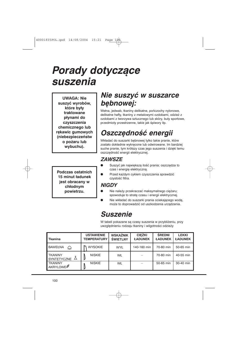 Porady dotyczące suszenia, Nie suszyć w suszarce bębnowej, Oszczędność energii | Suszenie, Zawsze, Nigdy | Candy AB CDC 779 XT SY User Manual | Page 100 / 128