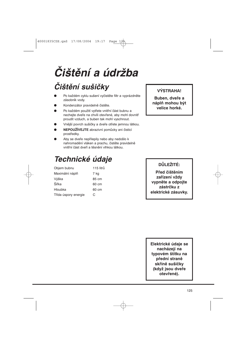 Čištění a údržba, Čištění sušičky, Technické údaje | Candy AB CDC 779 XT SY User Manual | Page 125 / 128