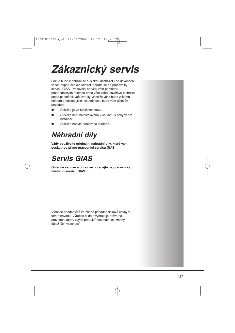 Zákaznický servis, Náhradní díly, Servis gias | Candy AB CDC 779 XT SY User Manual | Page 127 / 128