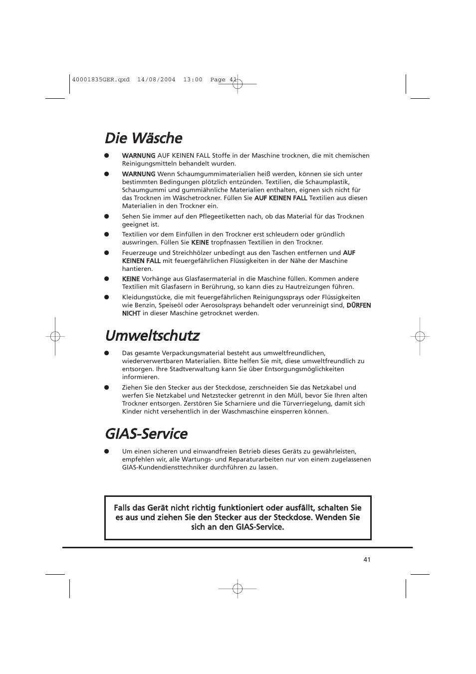 Ddiie e w wä ässcch he e, Uum mw we ellttsscch hu uttz z, Ggiia as s--s se errv viicce e | Candy AB CDC 779 XT SY User Manual | Page 41 / 128