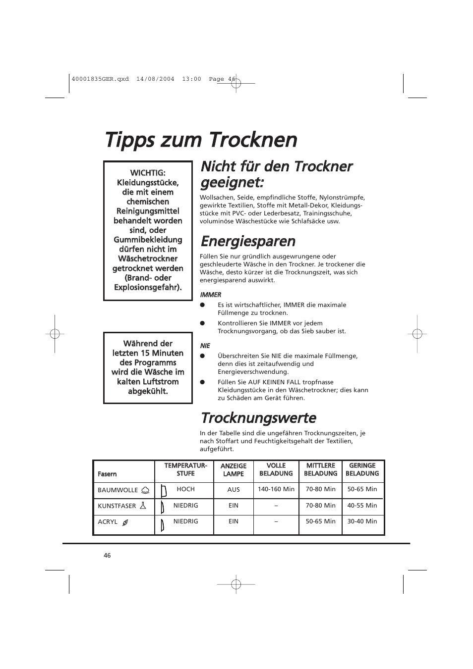 Ttiip pp pss z zu um m t trro occk kn ne en n, Een ne errg giie essp pa arre en n, Ttrro occk kn nu un ng gssw we errtte e | Candy AB CDC 779 XT SY User Manual | Page 46 / 128