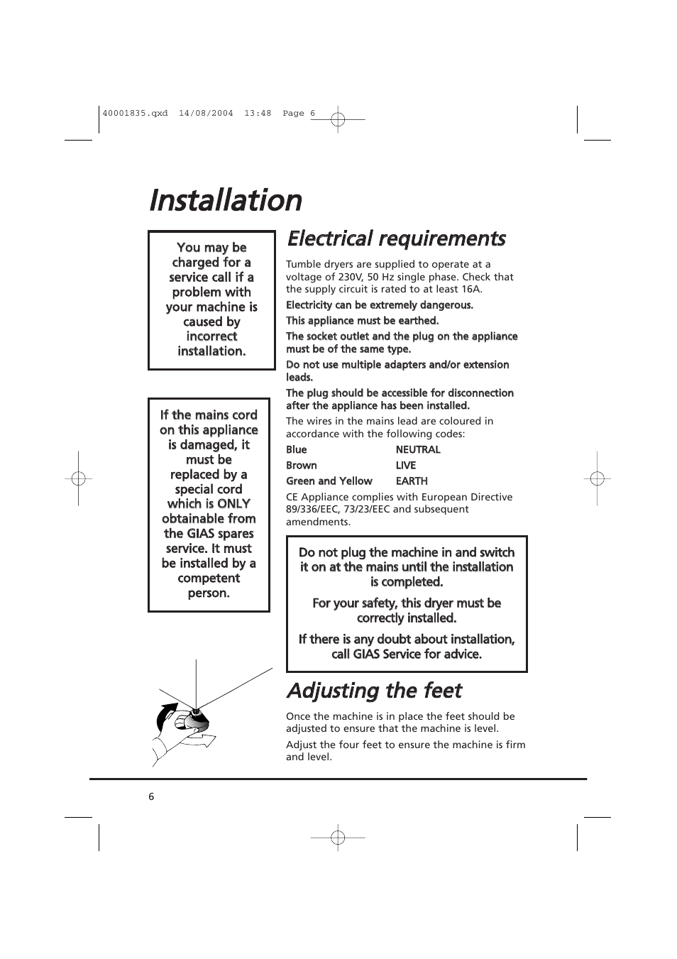 Aad djju ussttiin ng g tth he e ffe ee ett | Candy AB CDC 779 XT SY User Manual | Page 6 / 128