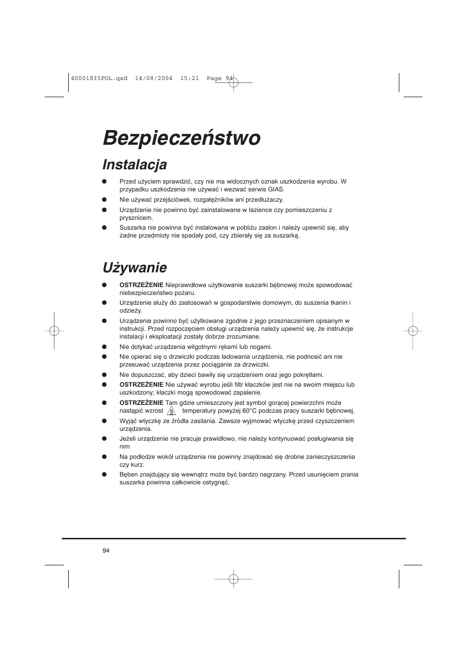 Bezpieczeństwo, Instalacja, Używanie | Candy AB CDC 779 XT SY User Manual | Page 94 / 128