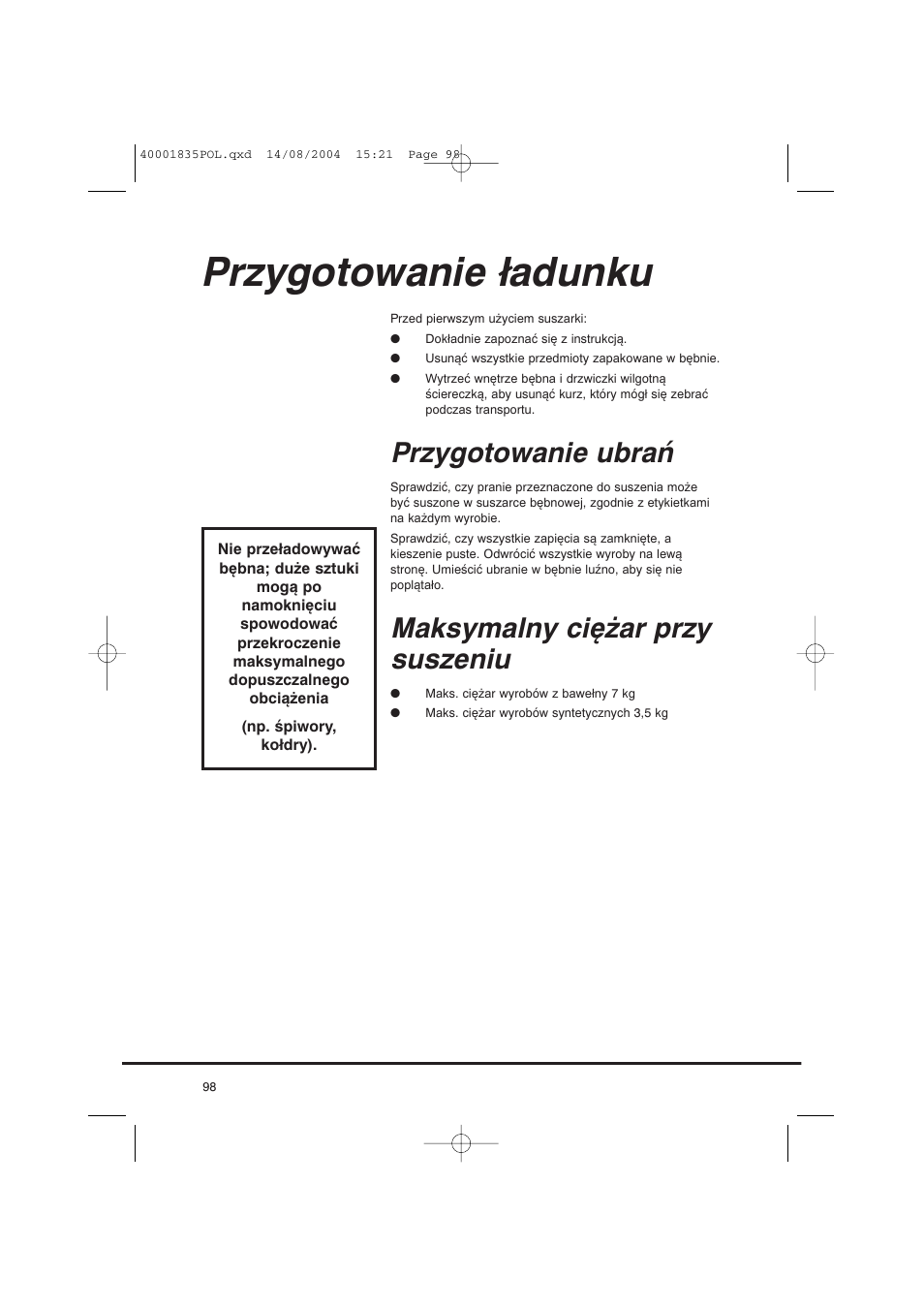 Przygotowanie ładunku, Przygotowanie ubrań, Maksymalny ciężar przy suszeniu | Candy AB CDC 779 XT SY User Manual | Page 98 / 128