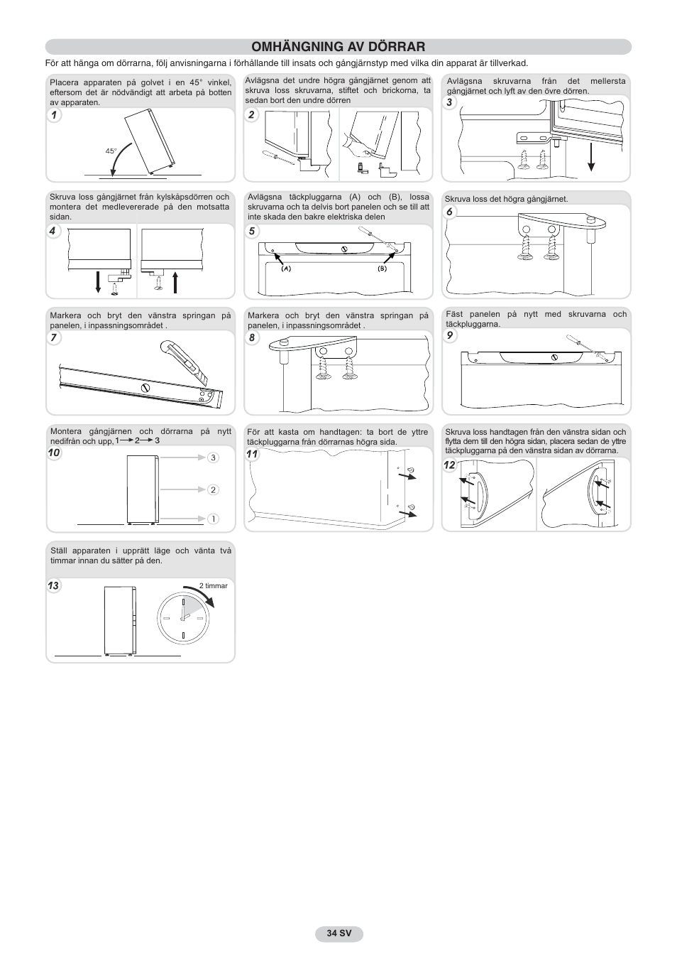 Omhängning av dörrar | Candy CNF 4055 A User Manual | Page 34 / 44