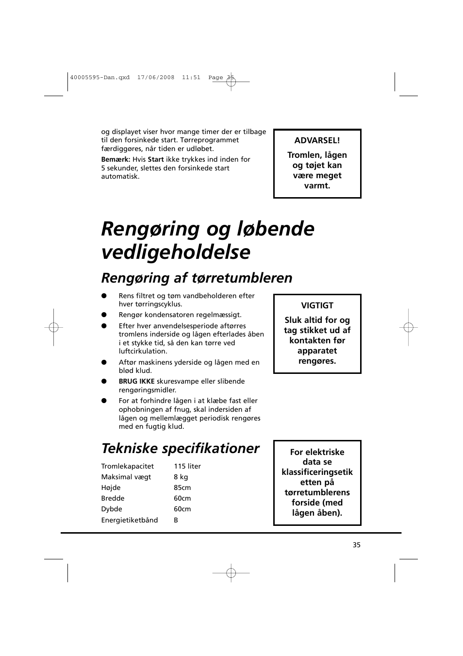 Rengøring og løbende vedligeholdelse, Rengøring af tørretumbleren, Tekniske specifikationer | Candy GO DC 78G-86S User Manual | Page 35 / 92