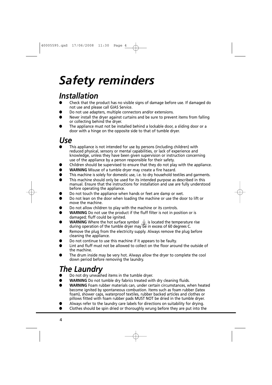 Safety reminders, Installation, The laundry | Candy GO DC 78G-86S User Manual | Page 4 / 92