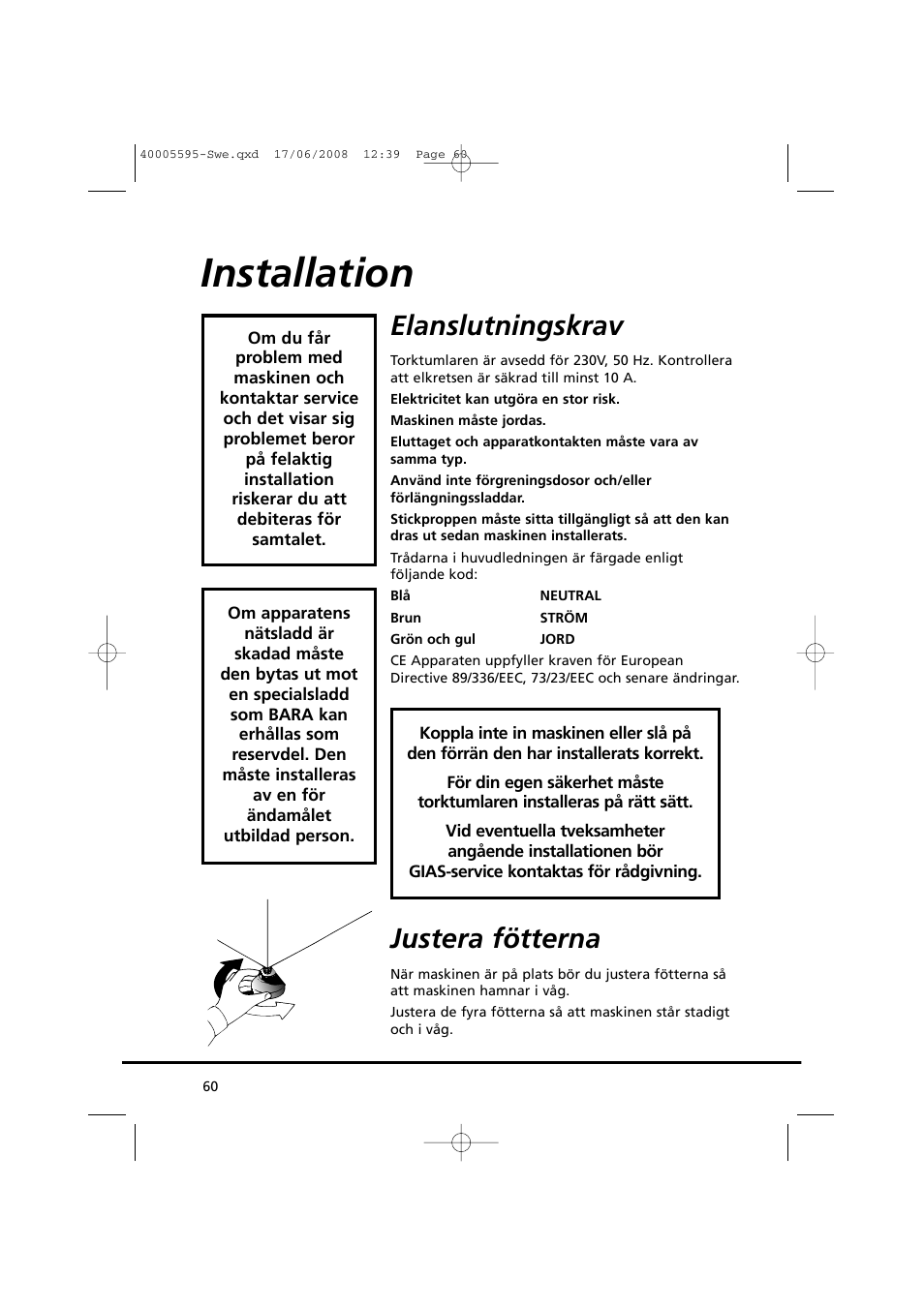 Installation, Elanslutningskrav, Justera fötterna | Candy GO DC 78G-86S User Manual | Page 60 / 92