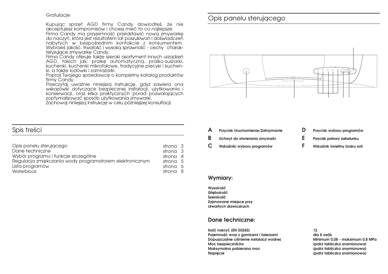 Spis treêci, Opis panelu sterujàcego | Candy CD 700 SY User Manual | Page 2 / 21