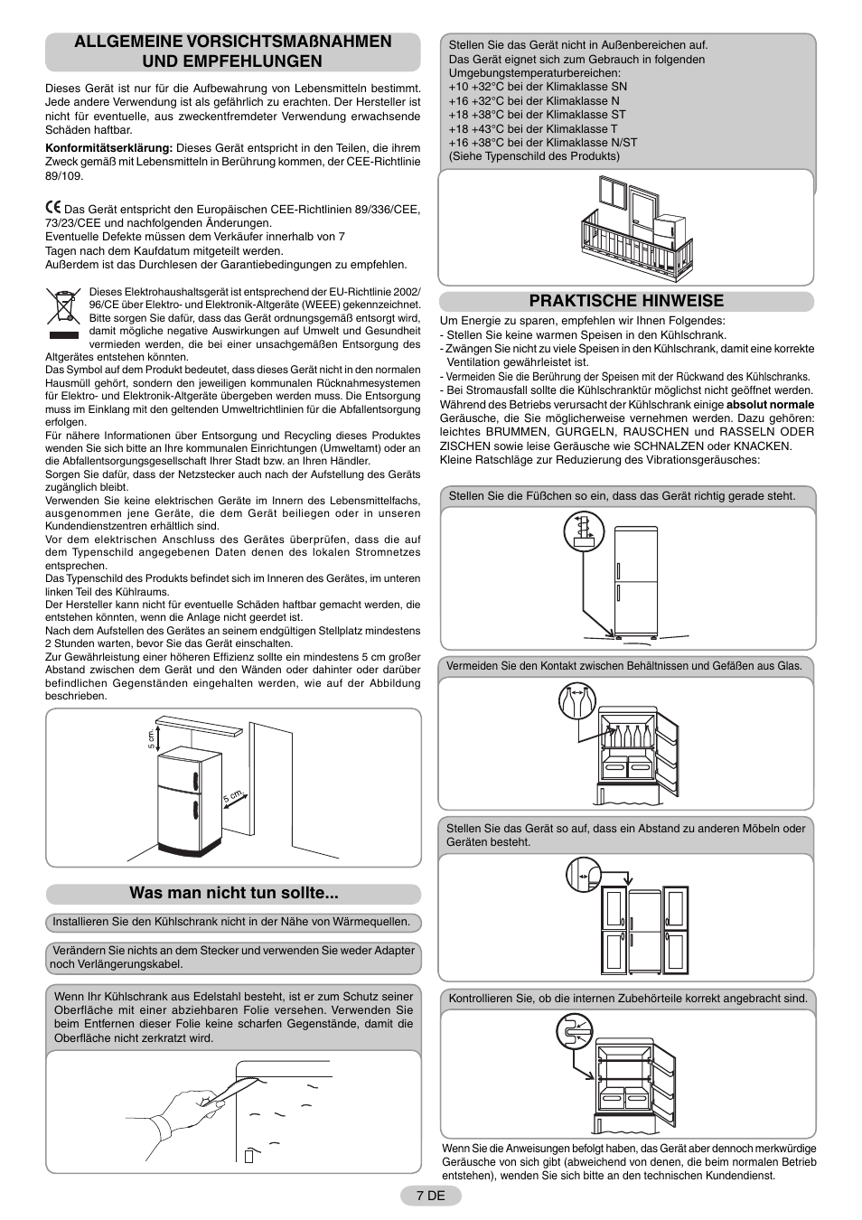 Allgemeine vorsichtsmaßnahmen und empfehlungen, Was man nicht tun sollte, Praktische hinweise | Candy FR CFNF 4589 User Manual | Page 10 / 33