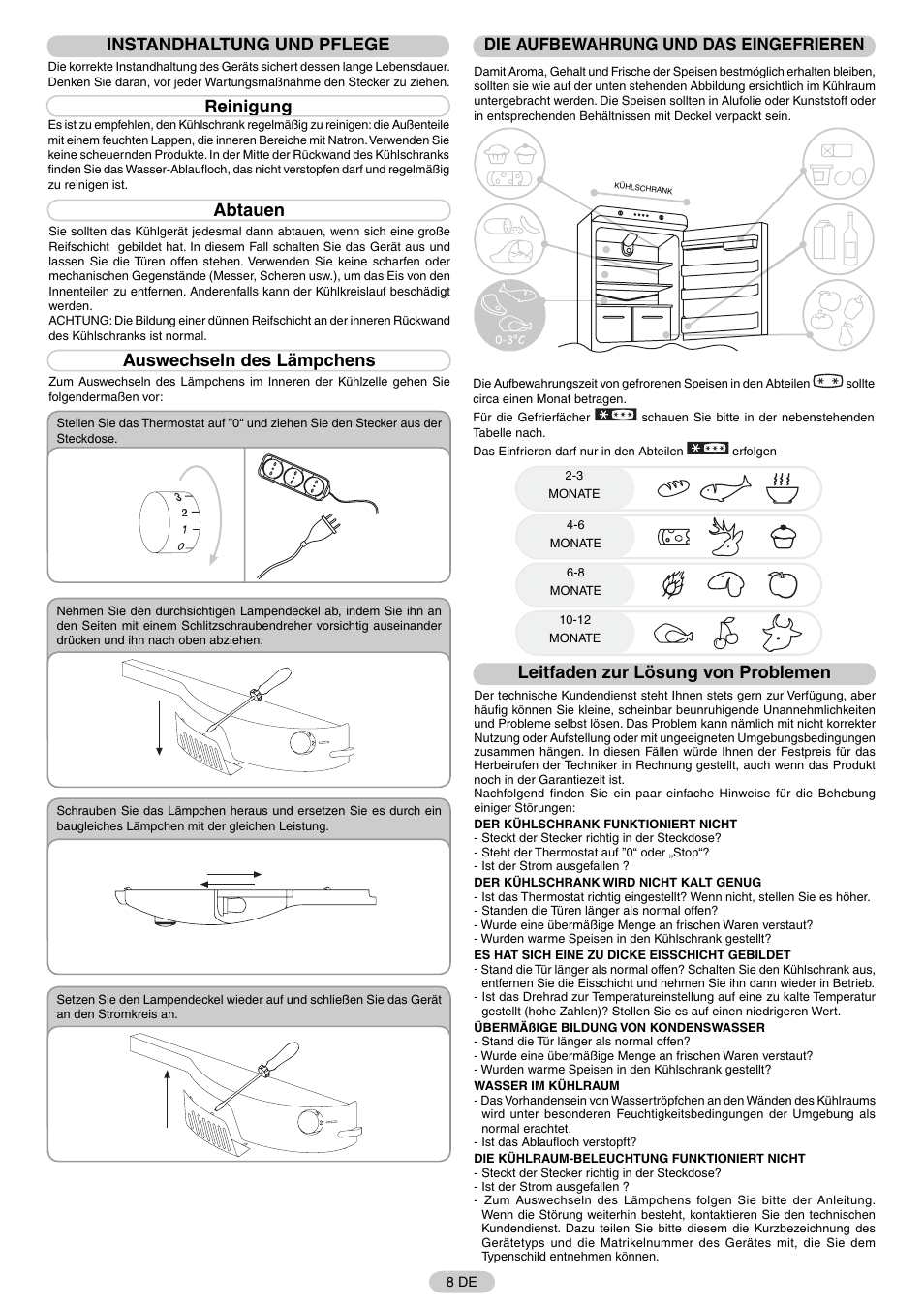 Instandhaltung und pflege, Reinigung, Abtauen | Auswechseln des lämpchens, Die aufbewahrung und das eingefrieren, Leitfaden zur lösung von problemen | Candy FR CFNF 4589 User Manual | Page 11 / 33