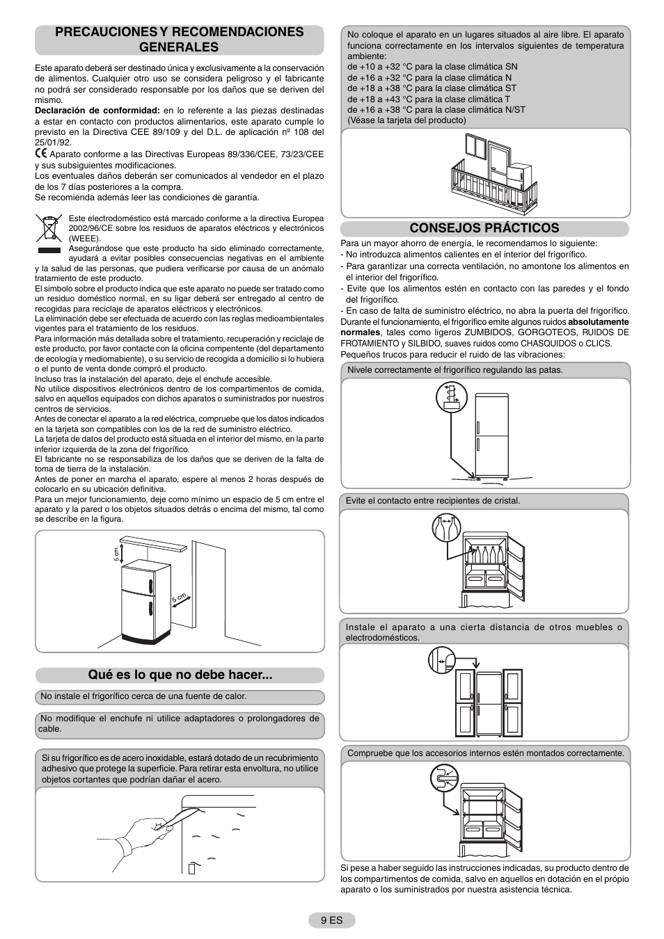 Precauciones y recomendaciones generales, Qué es lo que no debe hacer, Consejos prácticos | Candy FR CFNF 4589 User Manual | Page 12 / 33