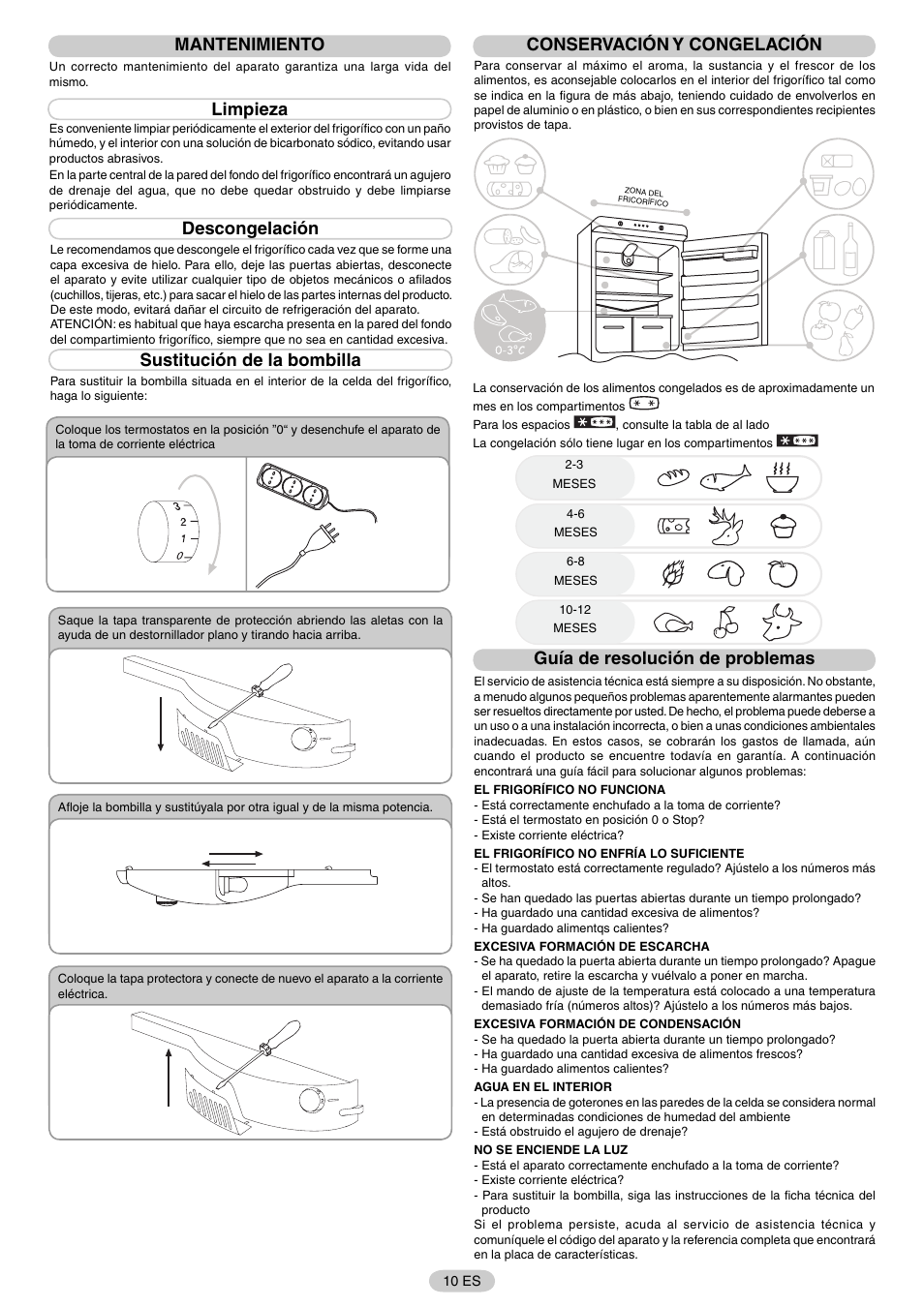 Mantenimiento, Limpieza, Descongelación | Sustitución de la bombilla, Conservación y congelación, Guía de resolución de problemas | Candy FR CFNF 4589 User Manual | Page 13 / 33