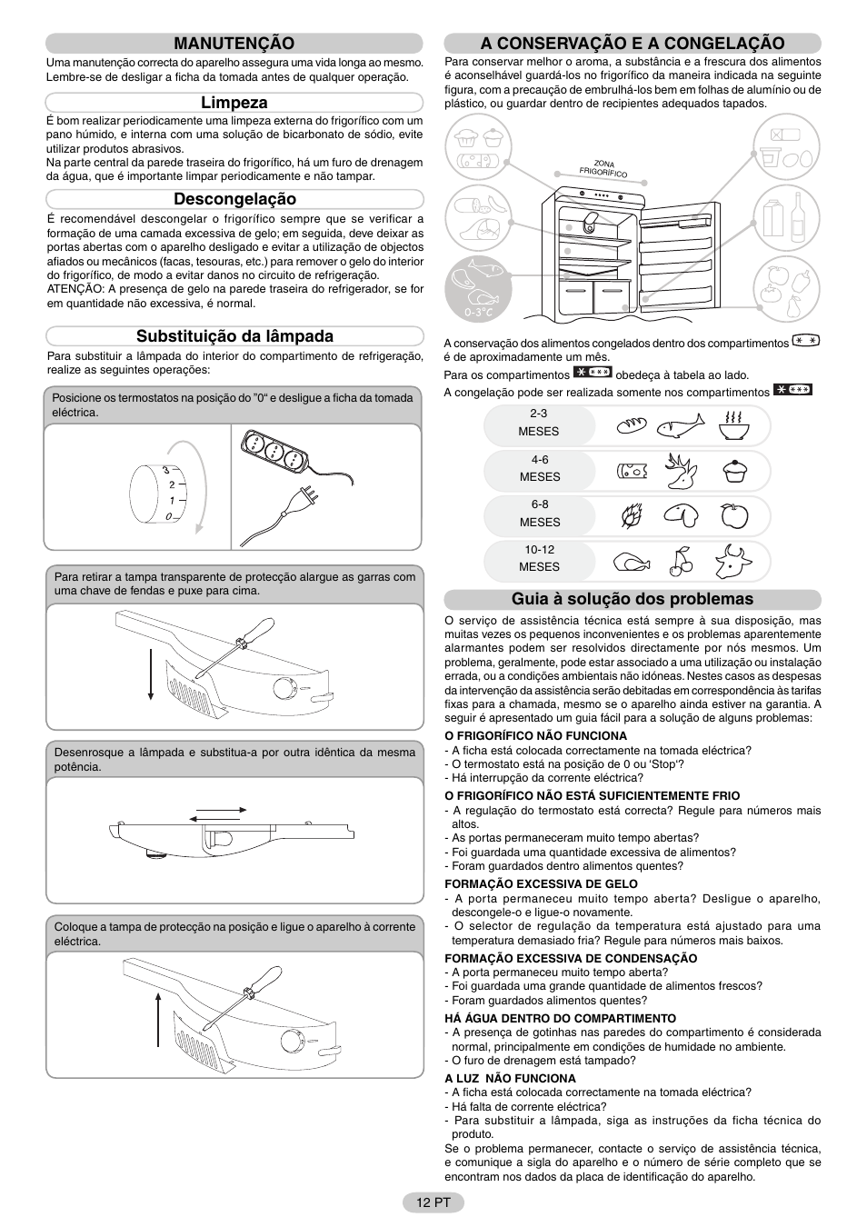 Manutenção, Limpeza, Descongelação | Substituição da lâmpada, A conservação e a congelação, Guia à solução dos problemas | Candy FR CFNF 4589 User Manual | Page 15 / 33