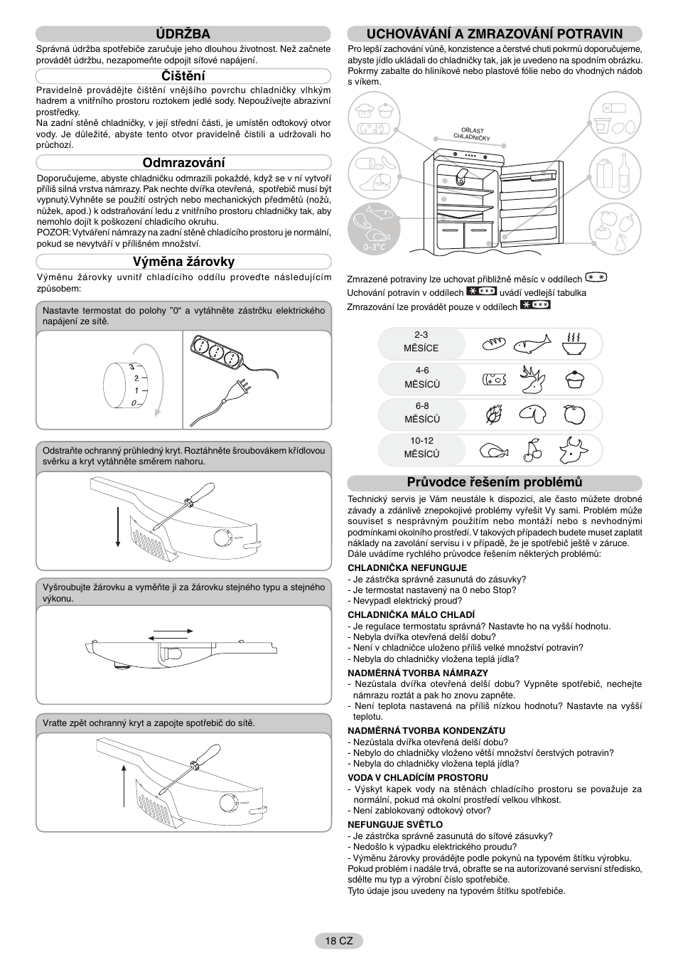 Údržba, Čištění, Odmrazování | Výměna žárovky, Uchovávání a zmrazování potravin, Průvodce řešením problémů | Candy FR CFNF 4589 User Manual | Page 21 / 33