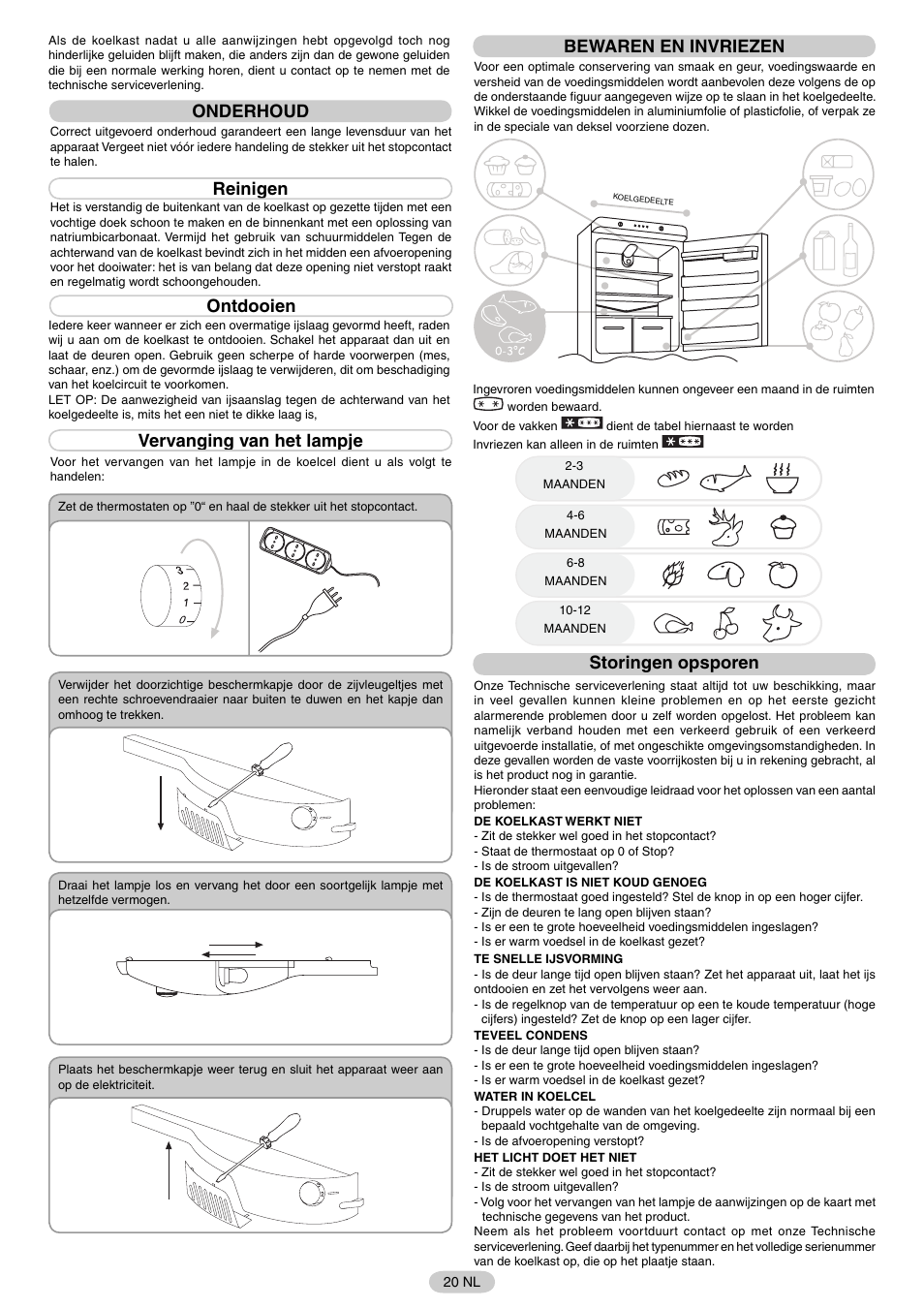 Onderhoud, Reinigen, Ontdooien | Vervanging van het lampje, Bewaren en invriezen, Storingen opsporen | Candy FR CFNF 4589 User Manual | Page 23 / 33