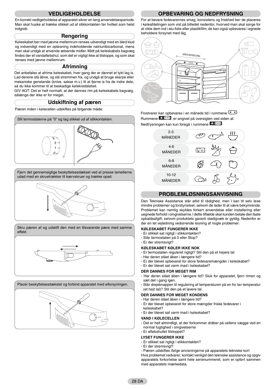 Vedligeholdelse, Rengøring, Afrimning | Udskiftning af pæren, Opbevaring og nedfrysning, Problemløsningsanvisning | Candy FR CFNF 4589 User Manual | Page 31 / 33