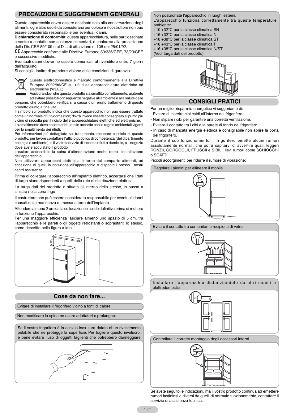 Precauzioni e suggerimenti generali, Cose da non fare, Consigli pratici | Candy FR CFNF 4589 User Manual | Page 4 / 33