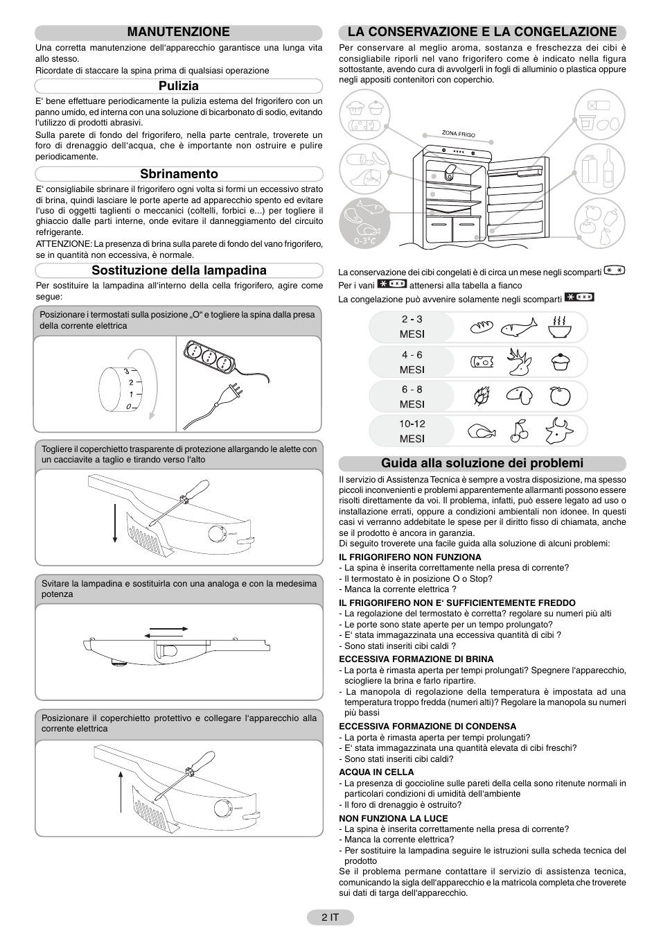 Manutenzione, Pulizia, Sbrinamento | Sostituzione della lampadina, La conservazione e la congelazione, Guida alla soluzione dei problemi | Candy FR CFNF 4589 User Manual | Page 5 / 33