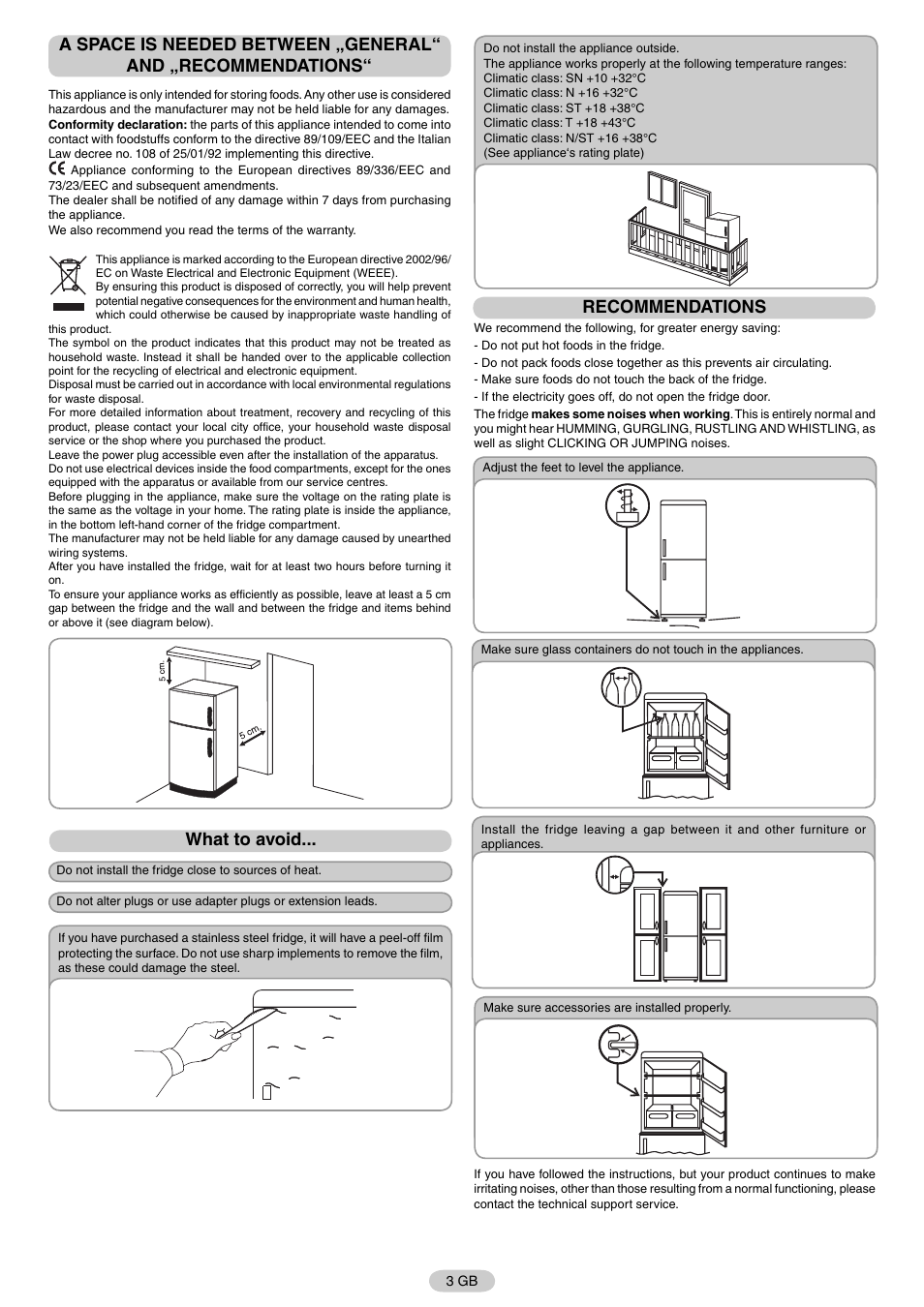 What to avoid, Recommendations | Candy FR CFNF 4589 User Manual | Page 6 / 33