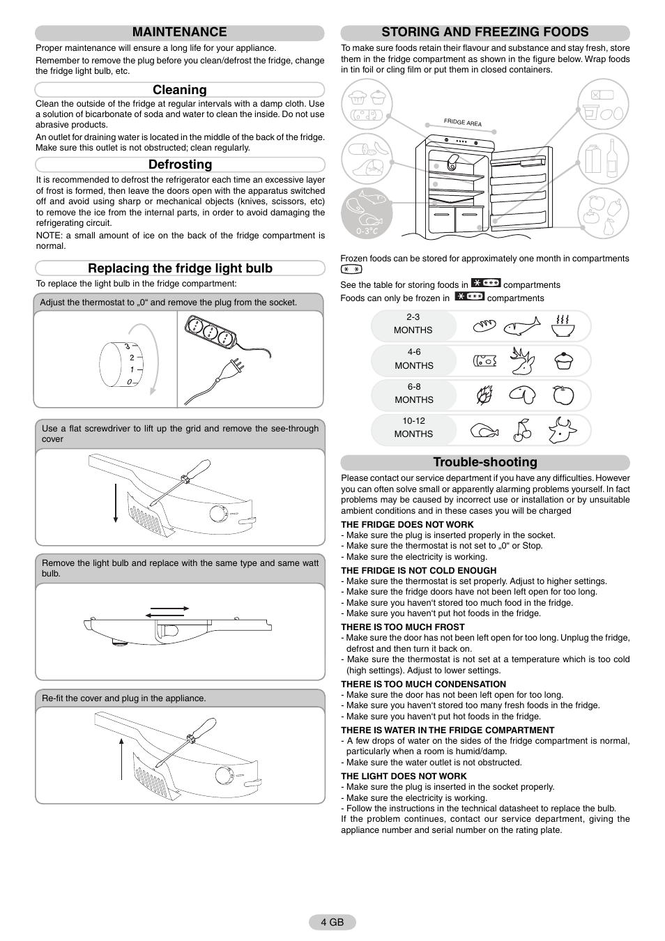 Maintenance, Cleaning, Defrosting | Replacing the fridge light bulb, Storing and freezing foods, Trouble-shooting | Candy FR CFNF 4589 User Manual | Page 7 / 33