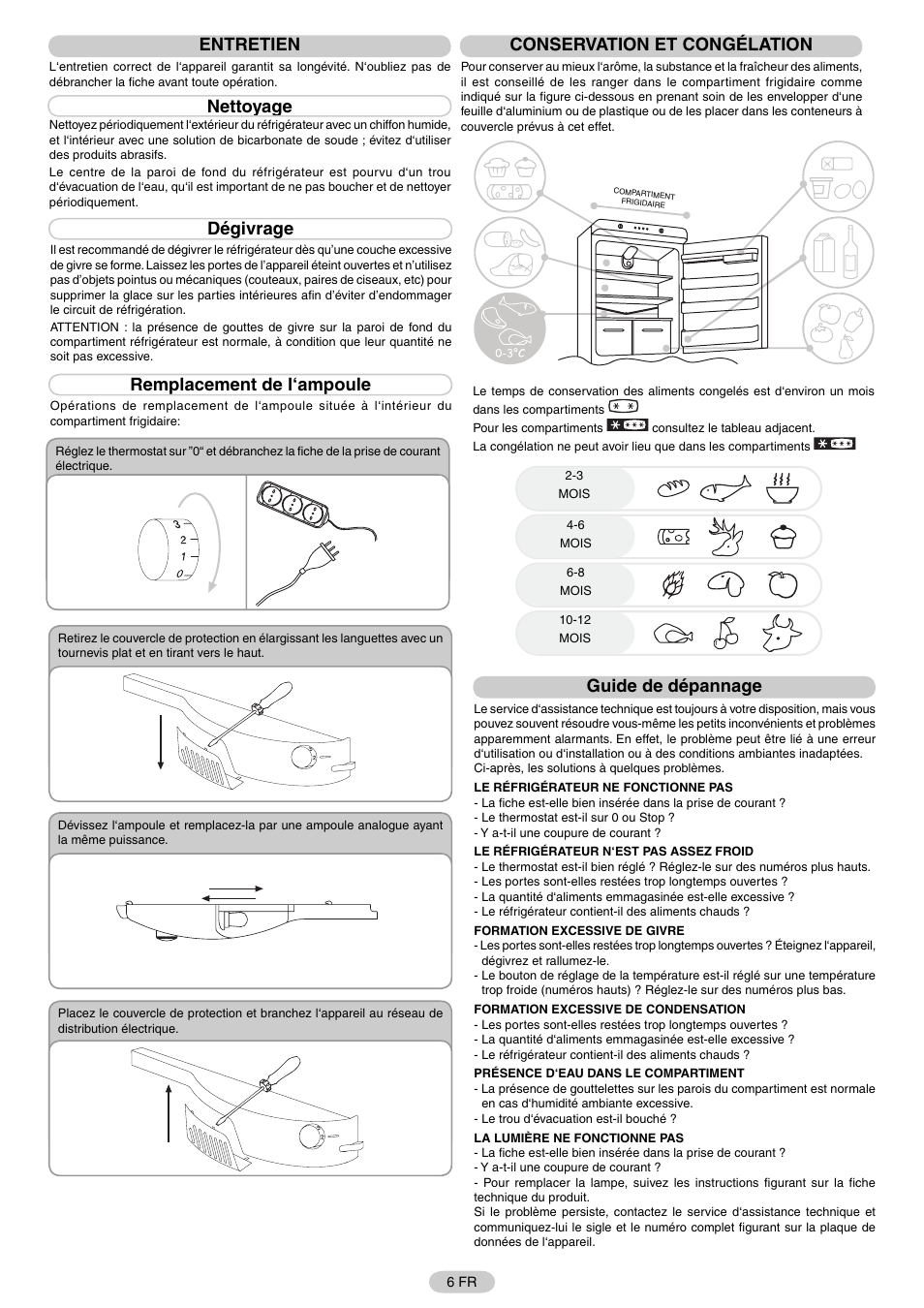 Entretien, Nettoyage, Dégivrage | Remplacement de l‘ampoule, Conservation et congélation, Guide de dépannage | Candy FR CFNF 4589 User Manual | Page 9 / 33